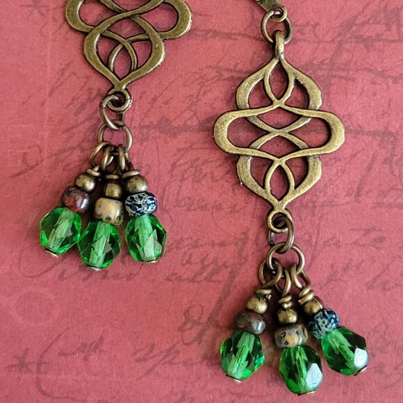 CELTIC KNOT Green Czech Picasso Bronze Earrings Chandelier Lever Back Earwires - Picture 2 of 7